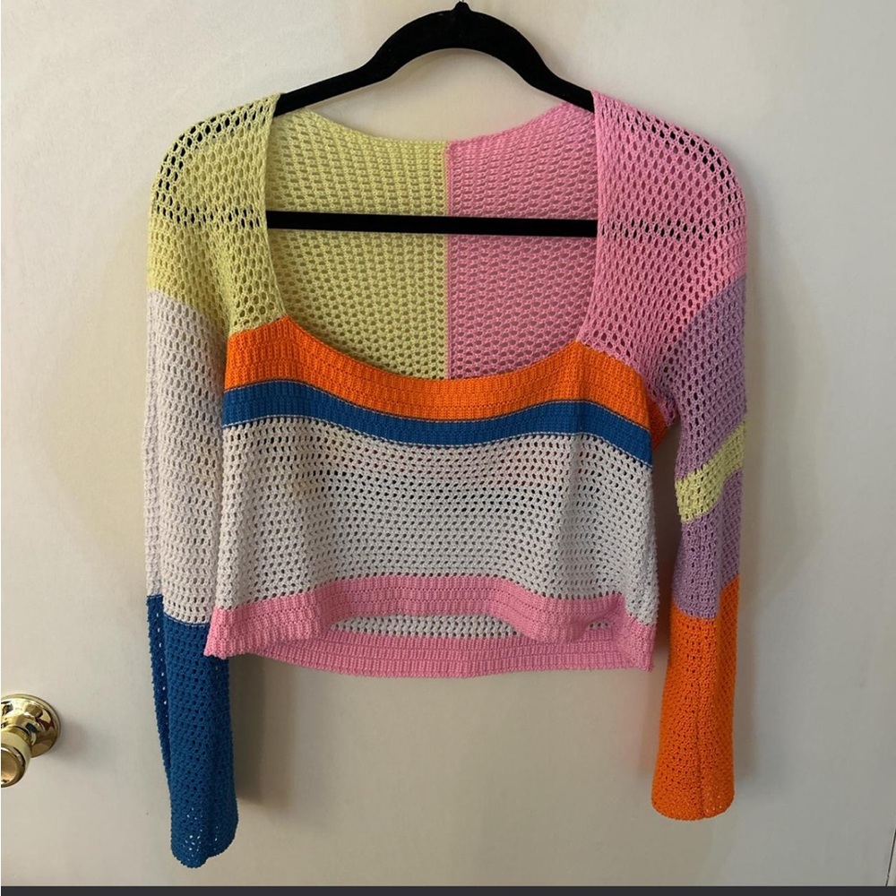 Colorblock Open-Weave Cropped Sweater - Pastel Multi